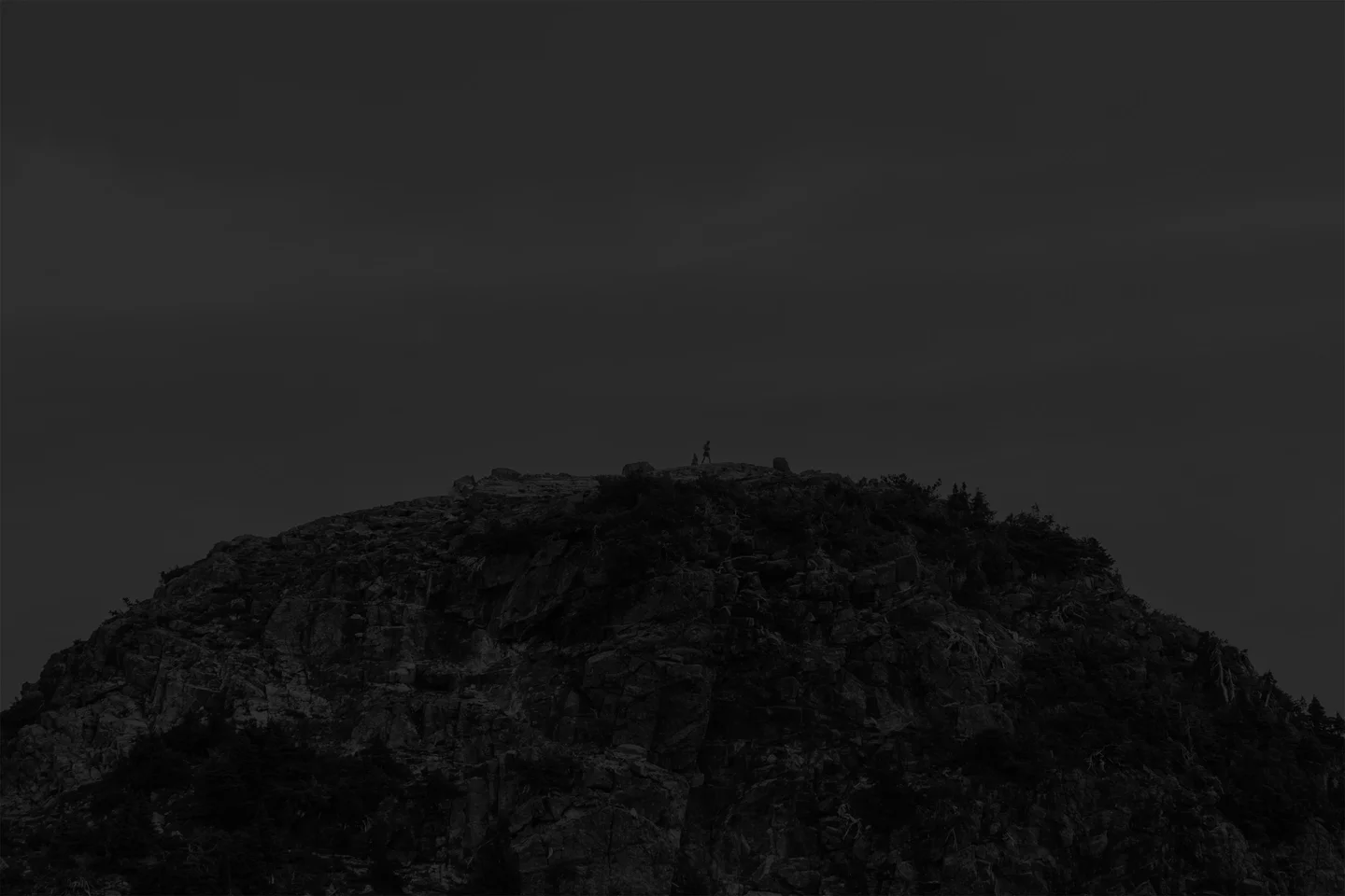 A pair of runners silhouetted against the sky as they summit a mountain in record time
